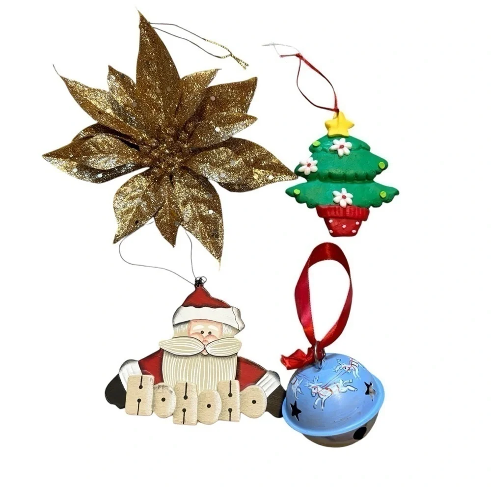 Christmas Ornament Bundle Gold Glitter Poinsettia Metal Jingle Ball Santa